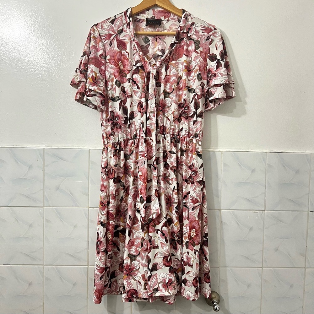 Amana M Pink White Floral Flutter Sleeve Preppy Romantic Feminine Mini Dress